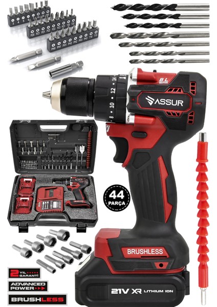 21V Bakır Sargı Kömürsüz Motor Çelik Mandren Darbeli Şarjlı Matkap Akülü Vidalama Kırmızı