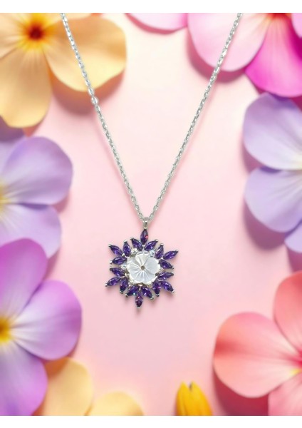 925 Ayar Gümüş Mor Taşlı Lotus Çiçeği Kolye –zarif Tasarım