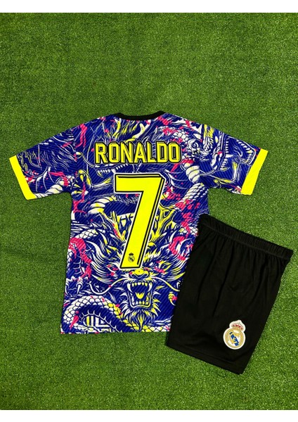 Real Madrid Cristiano Ronaldo Ejderha Desenli Çocuk Fıtbol Forması Hedyeli 4 Lü Set Çoarap Bileklik