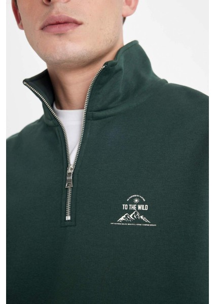 Comfort Regular Fit Rahat Kalıp Fermuarlı Dik Yaka Baskılı Sweatshirt C6132AX24AU