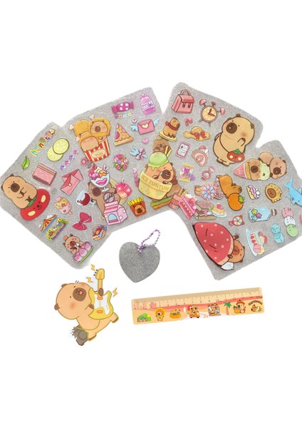 Capybara Kapibara Sticker Seti 4 Sayfa Cetvel Anahtarlık (Anahtarlık Modeli Farklılık Gösterebilir)