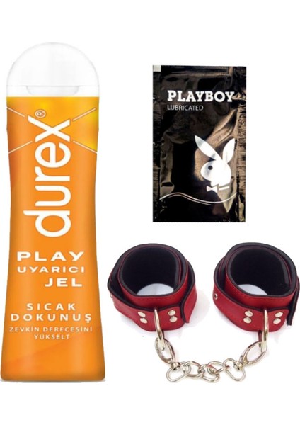 Play Sıcak Dokunuş Bay Bayan Uyarıcılı Jel 100 ml + Kırmızı Deri El Kelepçesi + Hediye