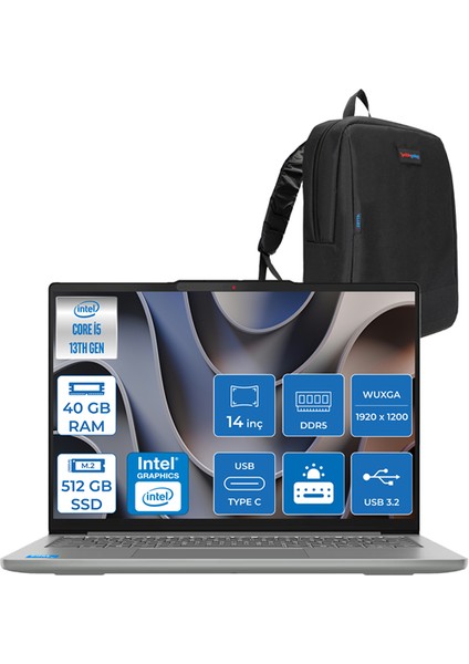 Ideapad Slim 5 Intel I5 13420H 40GB Ddr5 512GB SSD Intel UHD Graphics 14" Wuxga OLED 400NITS Freedos Taşınabilir Bilgisayar ID83HR0070TRF13 + Zettaçanta