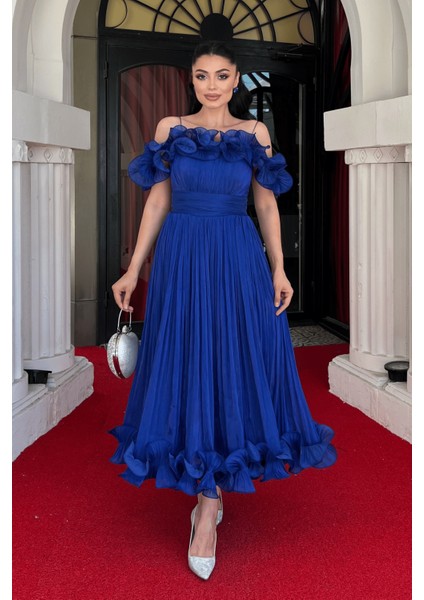 Şifon Kumaş Volan Detaylı Midi Elbise - Saks Mavi