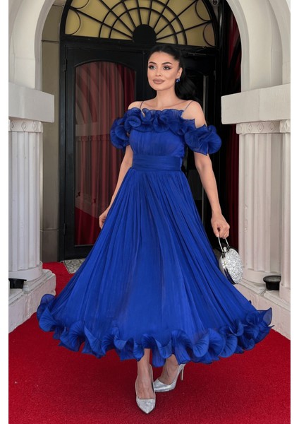 Şifon Kumaş Volan Detaylı Midi Elbise - Saks Mavi fiyatları