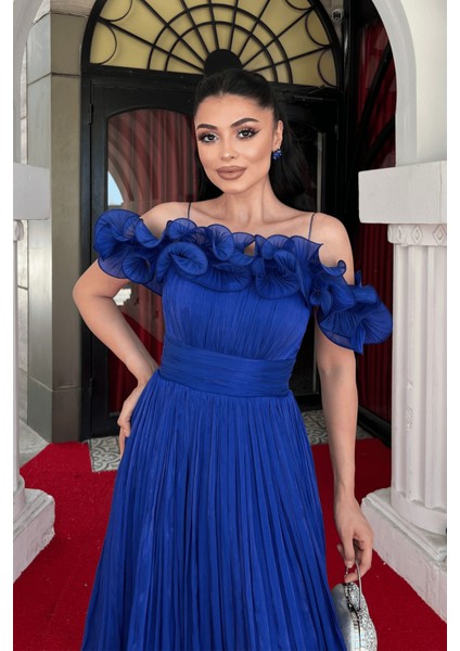 Şifon Kumaş Volan Detaylı Midi Elbise - Saks Mavi modelleri