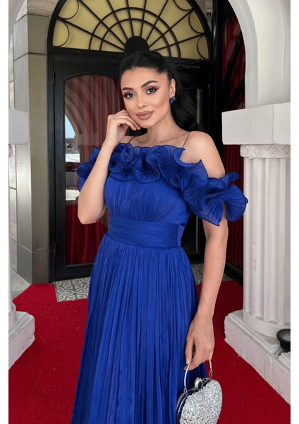 Şifon Kumaş Volan Detaylı Midi Elbise - Saks Mavi fırsatları