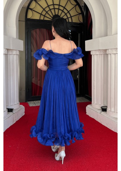 Şifon Kumaş Volan Detaylı Midi Elbise - Saks Mavi indirimleri