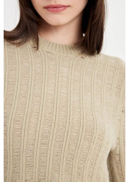 Regular Fit Crop Bisiklet Yaka Örgü Delikli Triko Kazak C6321AX24WN