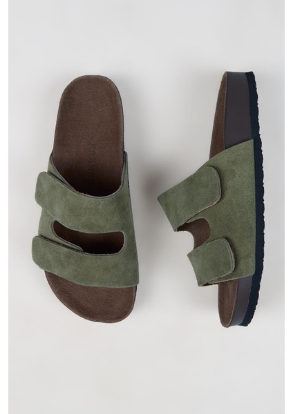 Robert Erkek Hakiki Deri Çift Bantlı Cırtlı Haki Terlik