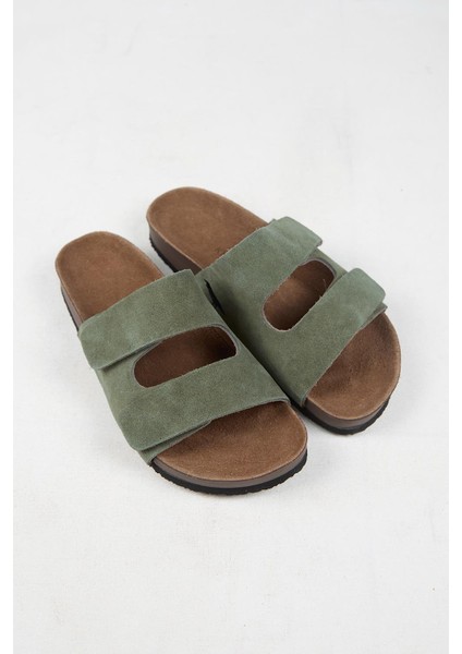 Robert Erkek Hakiki Deri Çift Bantlı Cırtlı Haki Terlik modelleri