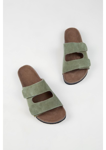 Robert Erkek Hakiki Deri Çift Bantlı Cırtlı Haki Terlik indirimleri