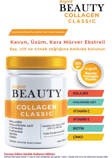 Beauty Collagen Classic Takviye Edici Gıda (Kolajen, Hyaluronik Asit, Vitamin C, Vitamin E, Biotin, Çinko, Kavun, Üzüm, Kara Mürver) 325 gr