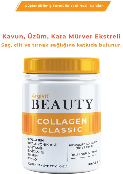 Beauty Collagen Classic Takviye Edici Gıda (Kolajen, Hyaluronik Asit, Vitamin C, Vitamin E, Biotin, Çinko, Kavun, Üzüm, Kara Mürver) 325 gr