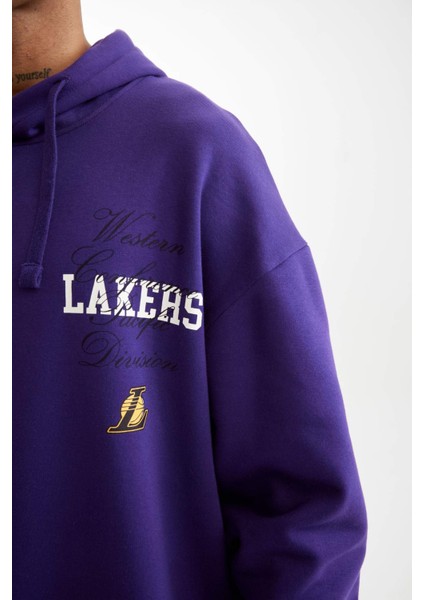 DeFactoFit NBA Los Angeles Lakers Oversize Geniş Kalıp Kapüşonlu Sırt Baskılı Sweatshirt D0671AX24AU