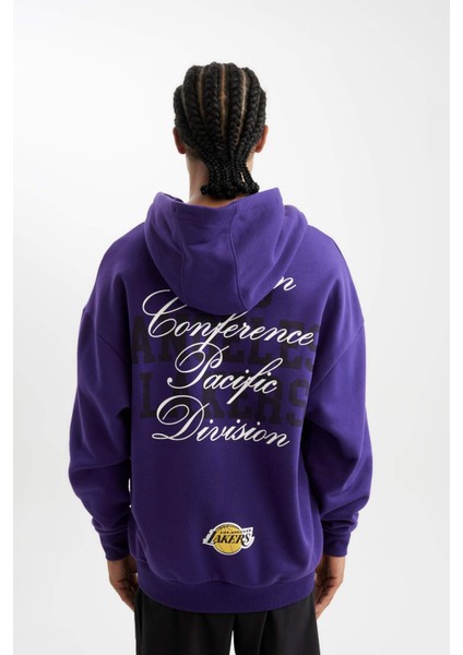 DeFactoFit NBA Los Angeles Lakers Oversize Geniş Kalıp Kapüşonlu Sırt Baskılı Sweatshirt D0671AX24AU