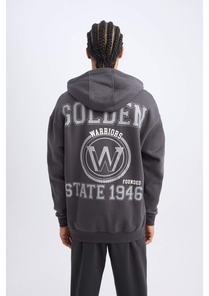 DeFactoFit NBA Golden State Warriors Boxy Fit Kapüşonlu Baskılı Kalın Sweatshirt D0674AX24AU