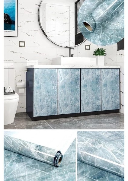 Bfs Mermer Desenli Masa Tezgah Mutfak Su Geçirmez Yapışkanlı Folyo Sticker Mavi 5x0,6m