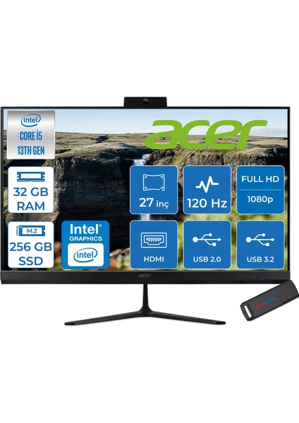 Aspire C27 Intel Core I5 1334U 32GB Ram 256GB SSD Freedos Iris® Xe Graphics 27" Fullhd IPS 120Hz Siyah All In One Bilgisayar DQBNHEM001F16 + Zetta Flash Bellek