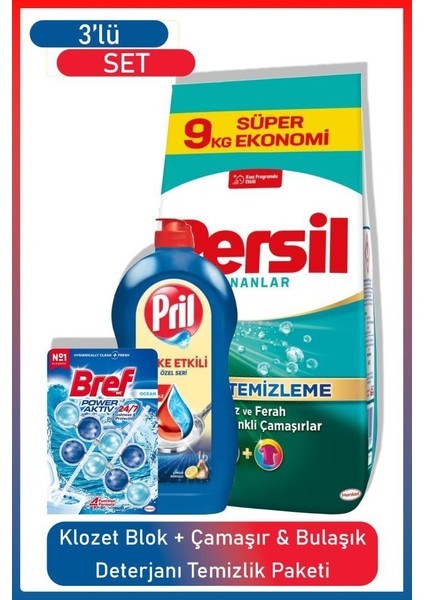 9kg Çamaşır Deterjanı + Pril Sirke Etkili + Bref Klozet Blok 3’lü Avantajlı Temizlik Seti