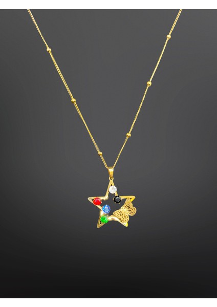 Gold Renk Yıldız Kelebek Renkli Taşlar Model 316 L Paslanmaz Çelik Özel Tasarım Çelik Kolye [KOD0855]