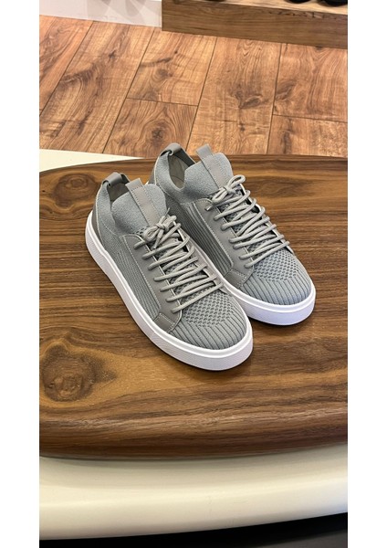 4225 GRİ- Beyaz Taban Triko Erkek Sneakers - Erkek Spor Ayakkabı