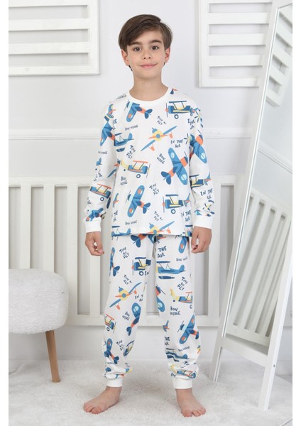 Uçak Baskılı %100 Pamuk Uzun Kollu Erkek Çocuk Pijama Takımı (3,4,5,6,7,8 Yaş)