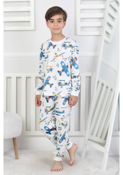 Uçak Baskılı %100 Pamuk Uzun Kollu Erkek Çocuk Pijama Takımı (3,4,5,6,7,8 Yaş)