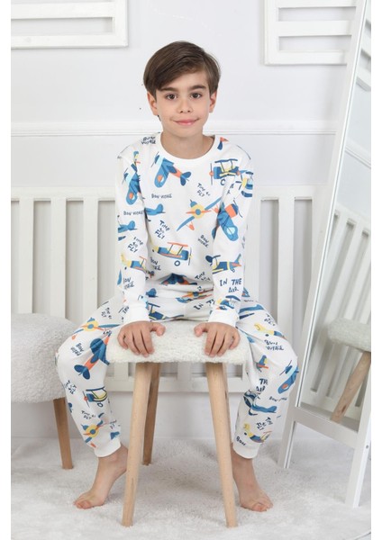 Uçak Baskılı %100 Pamuk Uzun Kollu Erkek Çocuk Pijama Takımı (3,4,5,6,7,8 Yaş)