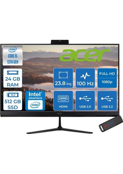 Aspire C24 Intel Core I5 1334U 24GB Ram 512GB SSD Freedos Iris® Xe Graphics 23.8" Fullhd IPS 100Hz Siyah All In One Bilgisayar DQBN1EM001F12 + Zetta Flash Bellek