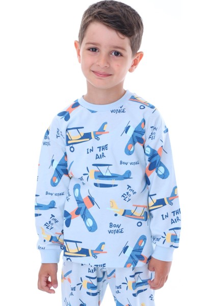 Uçak Baskılı %100 Pamuk Uzun Kollu Erkek Çocuk Pijama Takımı (3,4,5,6,7,8 Yaş)