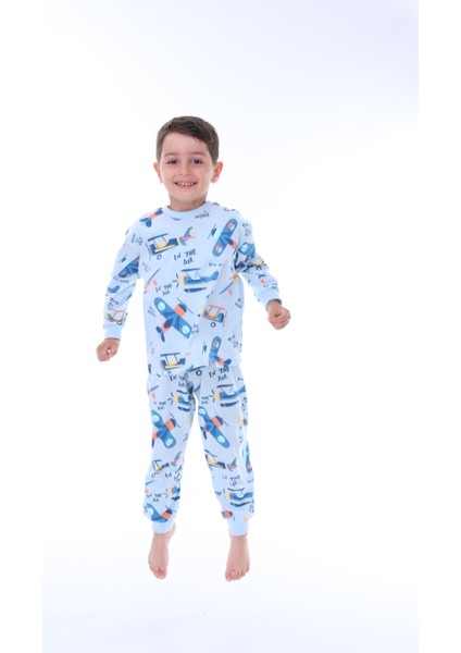 Uçak Baskılı %100 Pamuk Uzun Kollu Erkek Çocuk Pijama Takımı (3,4,5,6,7,8 Yaş)