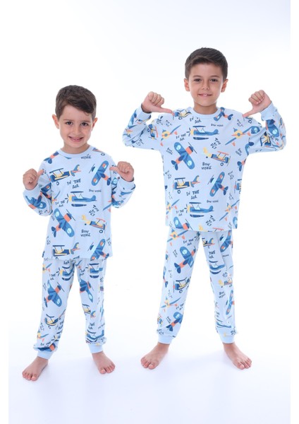 Uçak Baskılı %100 Pamuk Uzun Kollu Erkek Çocuk Pijama Takımı (3,4,5,6,7,8 Yaş)
