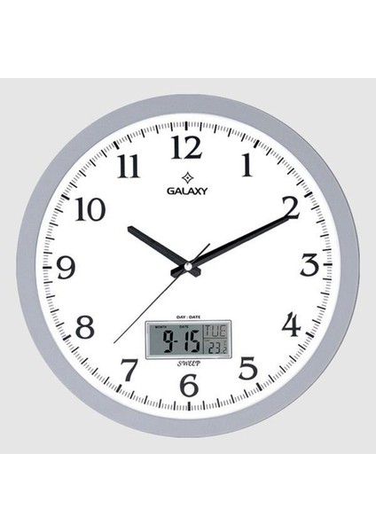 Duvar Saati Gri 35.5cm Takvim Termtr Higrmetr Analog-Dijital Metal Akrep Yelokovan Yktsn