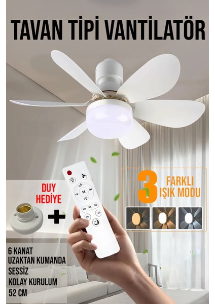 6 Kanatlı Sessiz LED Işıklı Çok Fonksiyonlu Kolay Kurulum Tavan Vantilatörü Duy Hediye