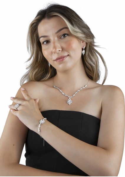 925 Ayar Gümüş 12MM Baget Taşlı Çiçek Motifli Gerdanlık Seti fiyatları