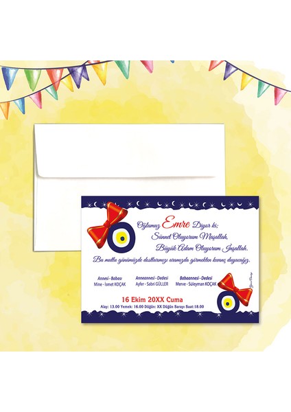 Yaren Davetiye Sünnet Düğün Nişan Nikah Kına Beyaz Zarflı 100 Adet