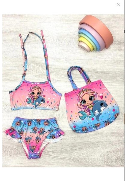 Üç Parça Çantalı Kız Çocuk Fırfırlı Bikini Takım 0707KR modelleri