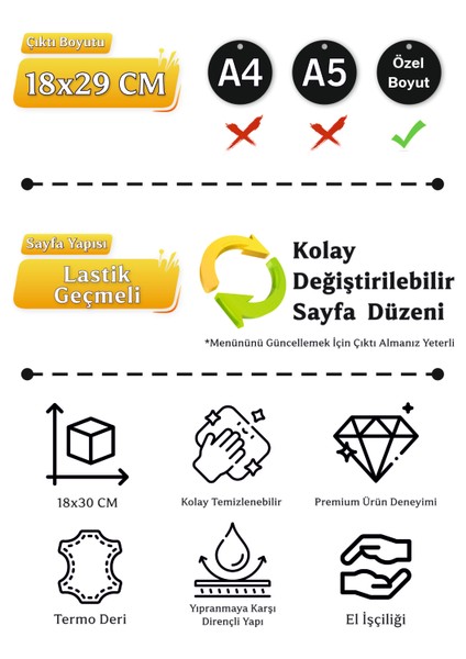 Desenli Termo Deri Menü - 30X18 cm - Kahverengi / Turuncu / Beyaz Renk Seçenekli