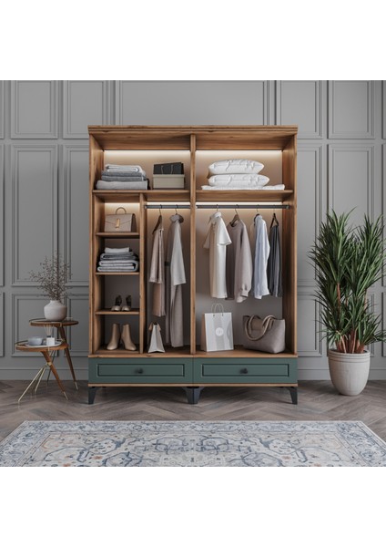 Panjur 4 Kapaklı Çekmeceli Gardırop Tamamı MDF (Yeşil)