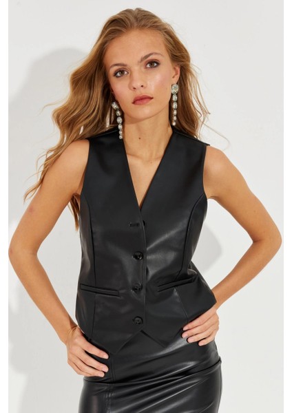 Kadın Siyah Deri Yelek ELA3081
