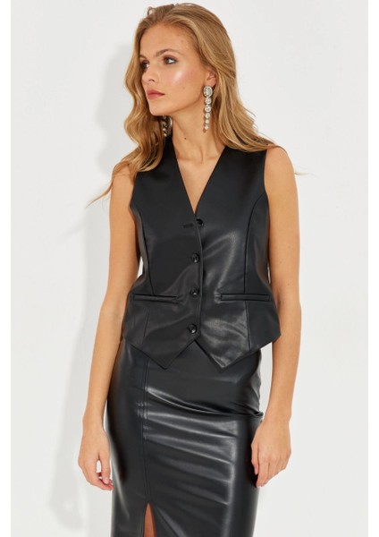 Kadın Siyah Deri Yelek ELA3081 fiyatları