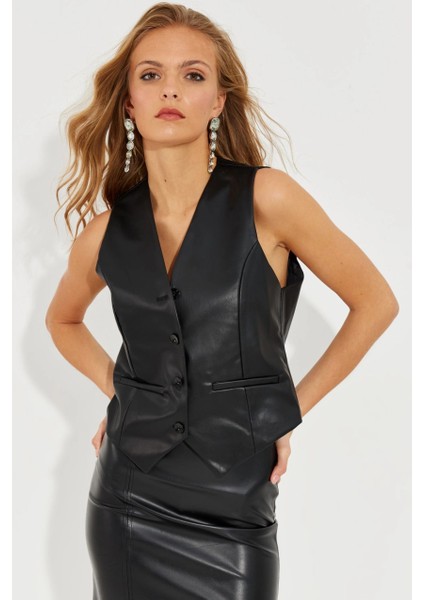 Kadın Siyah Deri Yelek ELA3081 fırsatları