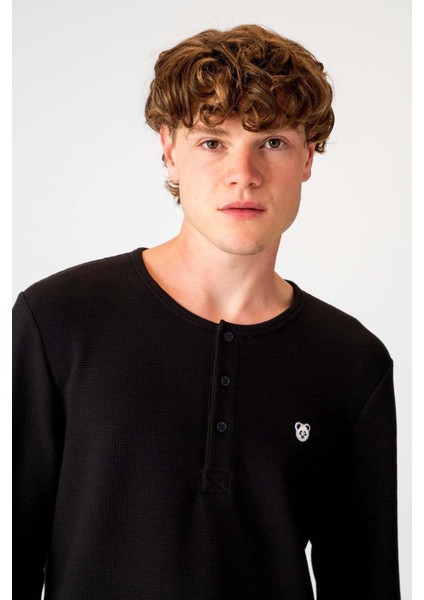 Panda Waffle Uzunkollu T-Shirt - Siyah modelleri