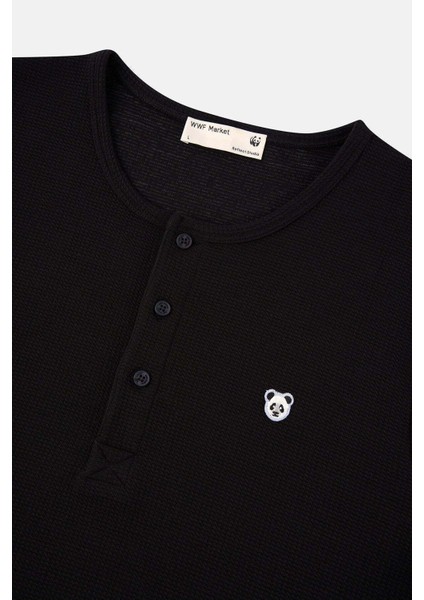 Panda Waffle Uzunkollu T-Shirt - Siyah indirimleri