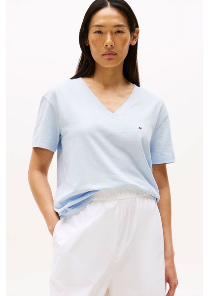 Kadın Slub Crop V-Yaka Kısa Kol T-Shirt - Açık Mavi