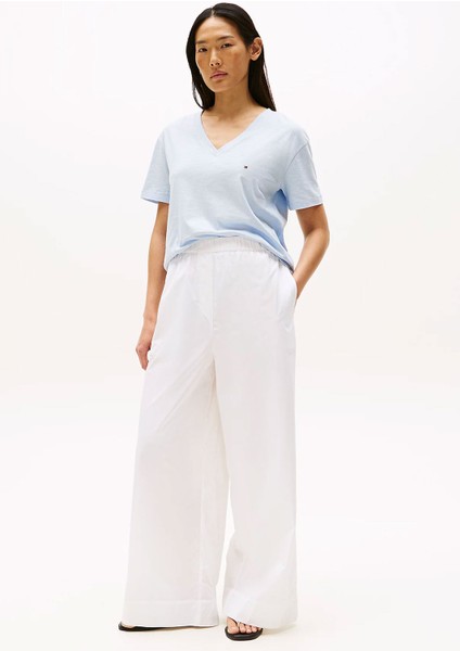 Kadın Slub Crop V-Yaka Kısa Kol T-Shirt - Açık Mavi modelleri