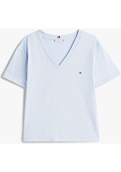 Kadın Slub Crop V-Yaka Kısa Kol T-Shirt - Açık Mavi indirimleri