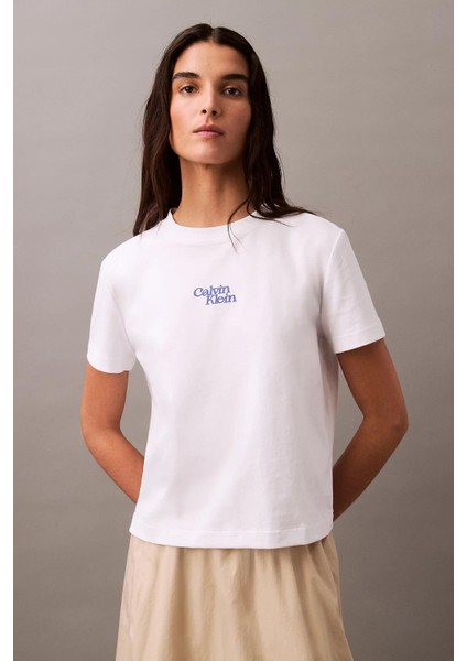 Kadın Ck Flocked Logo T-Shirt - Beyaz