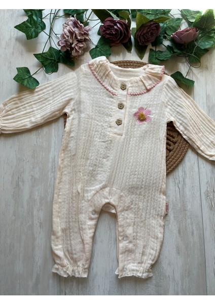 Fukukumbaby Müslin Çiçek Desenli Kız Bebek Tulum Vanilya